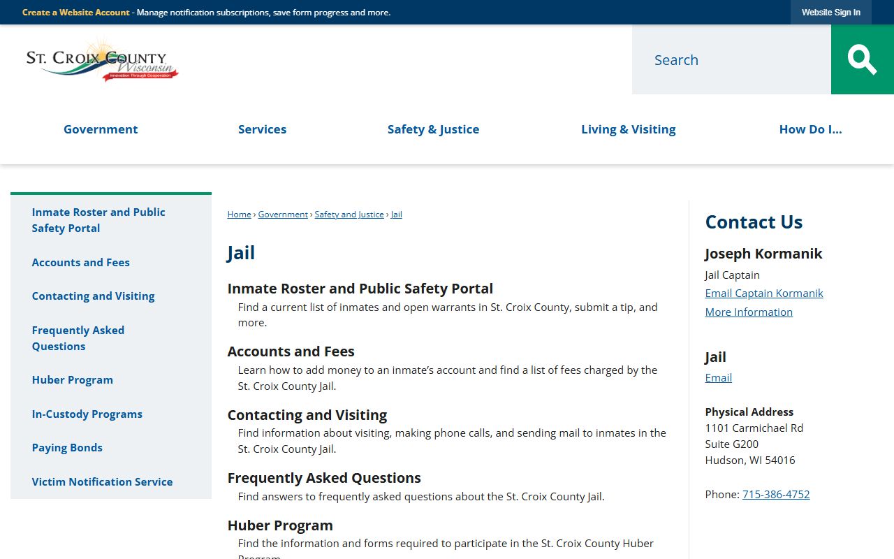 St. Croix County Jail official jail page and inmate service links
