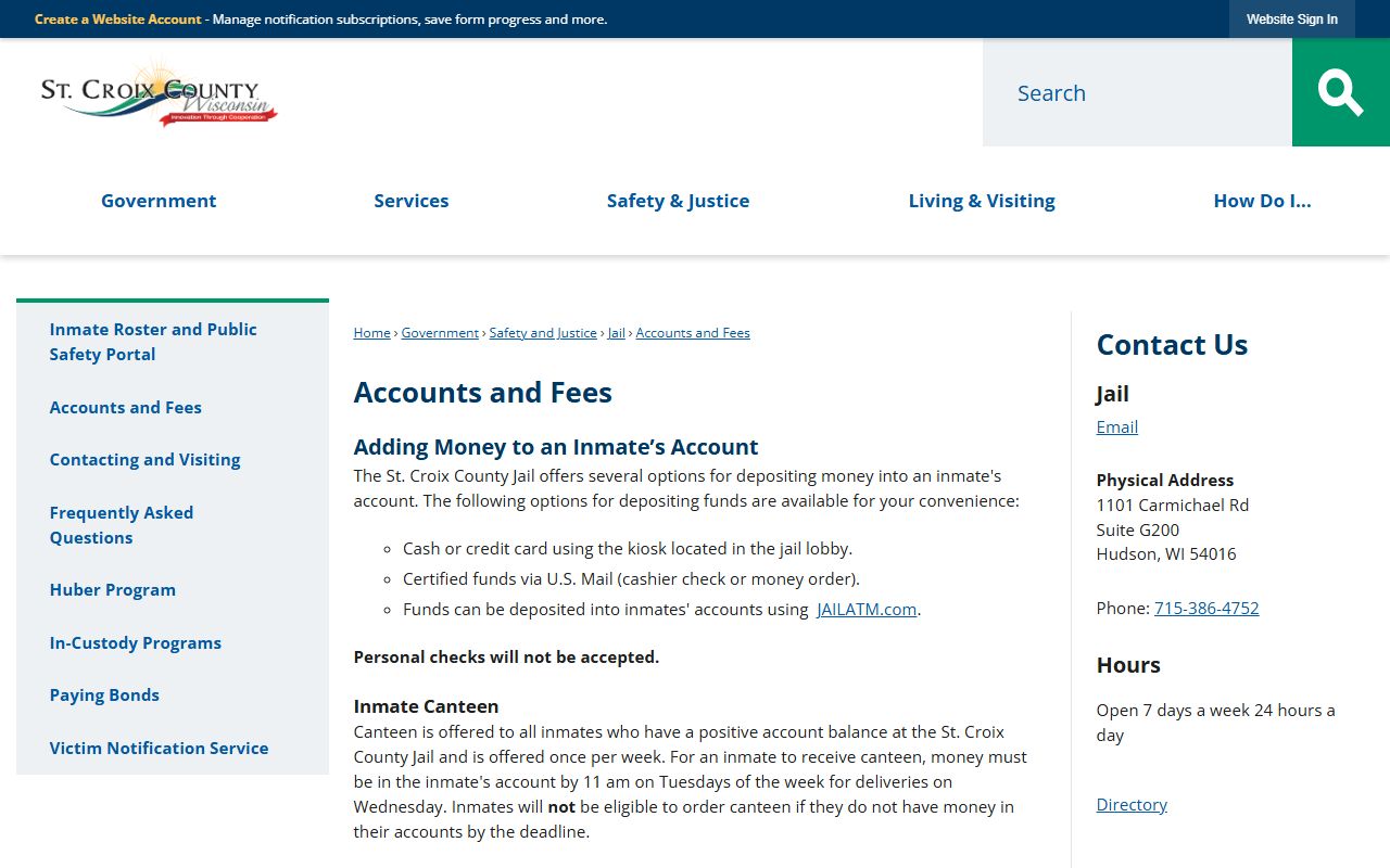 St. Croix County Jail accounts and fees for inmate money deposits