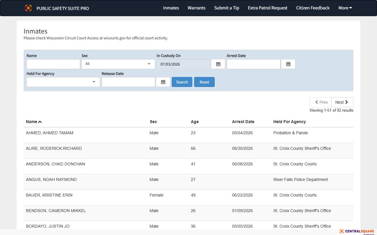 St. Croix County inmate population roster search fields in the Zuercher portal